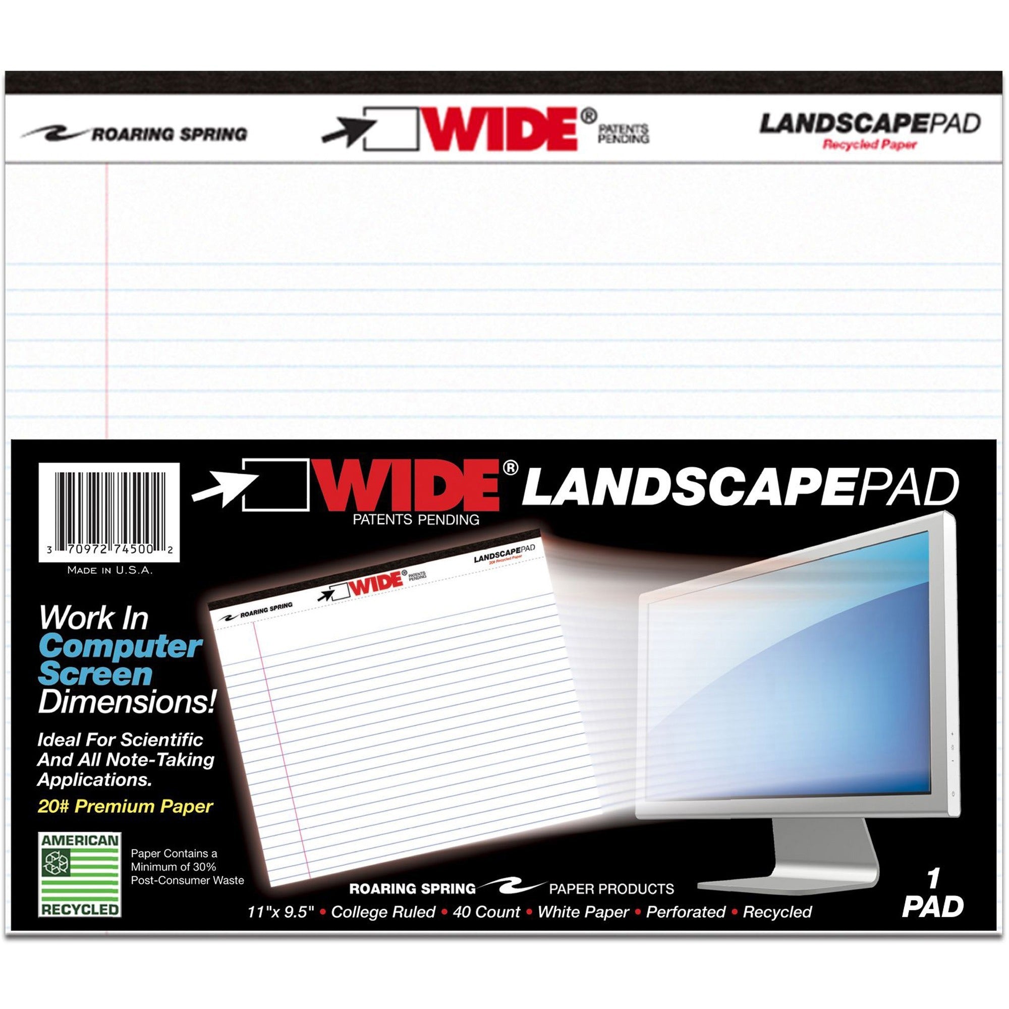 Roaring Spring Wide College Ruled Landscape Legal Pad, 40 Sheets, 80 Pages, 11" x 9.5", White, Stapled/Tapebound, Black Binding, Recycled, 1 Each