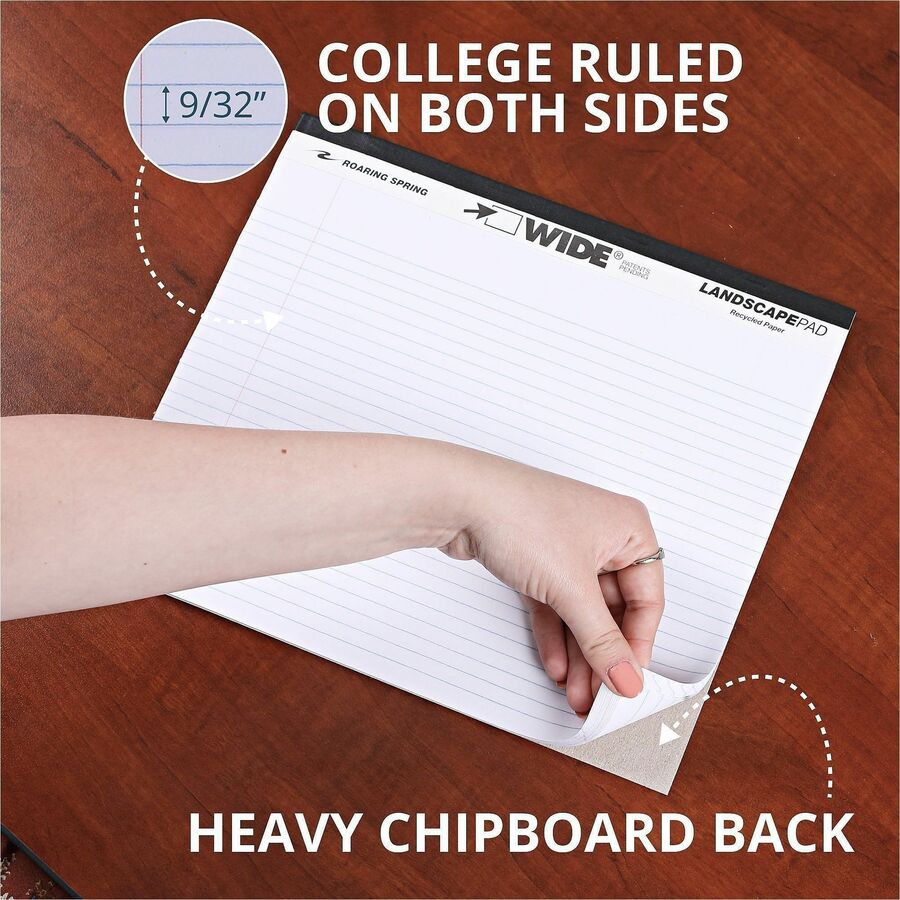 Roaring Spring Wide College Ruled Landscape Legal Pad, 40 Sheets, 80 Pages, 11" x 9.5", White, Stapled/Tapebound, Black Binding, Recycled, 1 Each