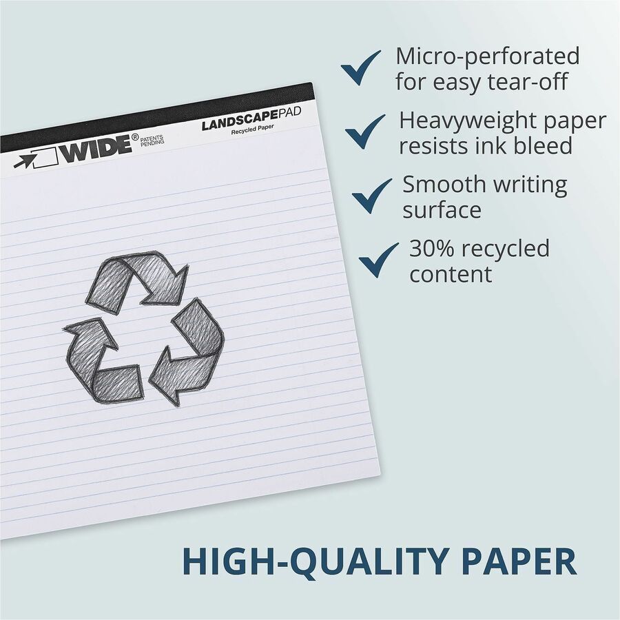 Roaring Spring Wide College Ruled Landscape Legal Pad, 40 Sheets, 80 Pages, 11" x 9.5", White, Stapled/Tapebound, Black Binding, Recycled, 1 Each