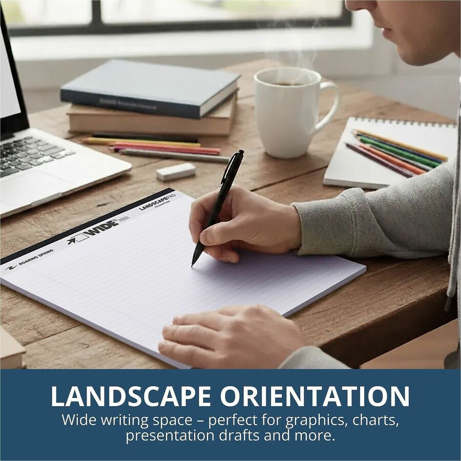 Roaring Spring Wide College Ruled Landscape Legal Pad, 40 Sheets, 80 Pages, 11" x 9.5", White, Stapled/Tapebound, Black Binding, Recycled, 1 Each