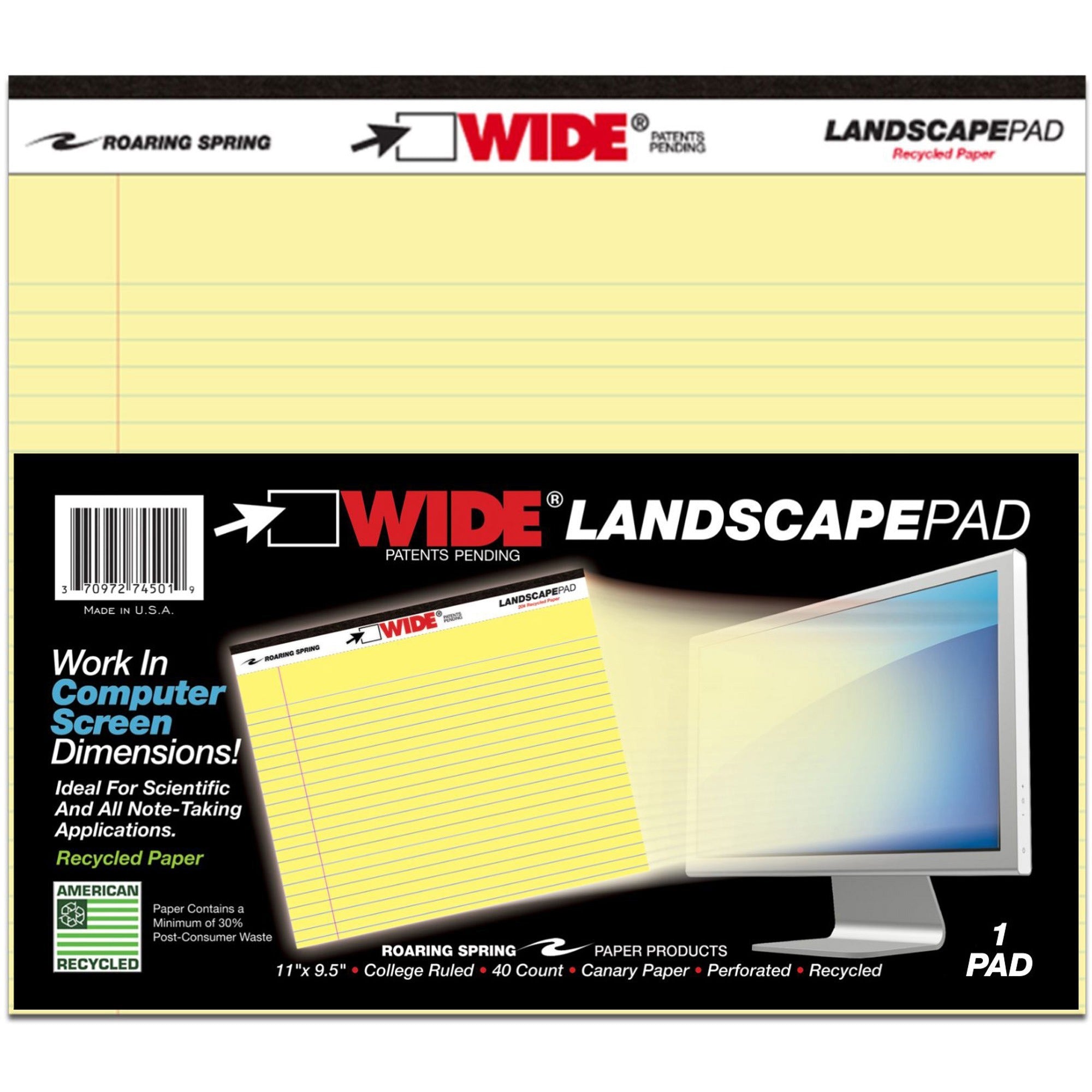 Roaring Spring Wide College Ruled Landscape Legal Pad, 40 Sheets, 80 Pages, 11" x 9.5", Canary Paper, Red Margin, Black Stapled/Tapebound, Recycled, 1 Each