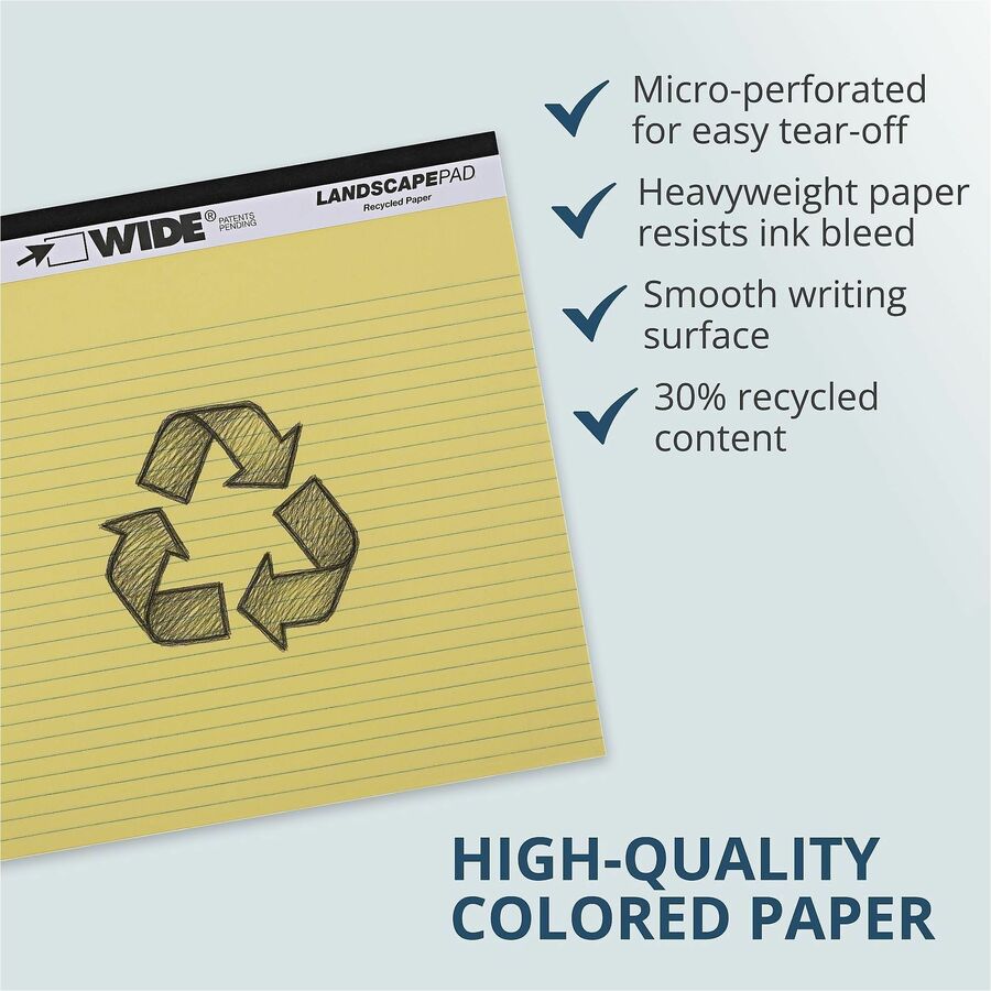 Roaring Spring Wide College Ruled Landscape Legal Pad, 40 Sheets, 80 Pages, 11" x 9.5", Canary Paper, Red Margin, Black Stapled/Tapebound, Recycled, 1 Each