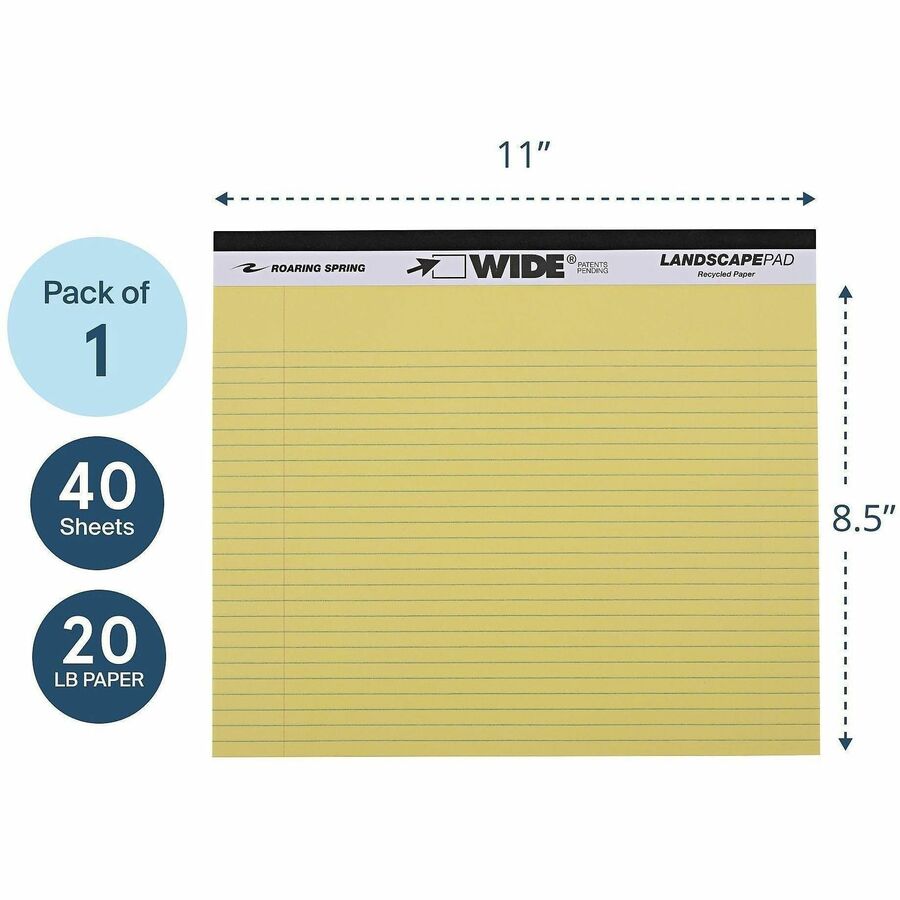 Roaring Spring Wide College Ruled Landscape Legal Pad, 40 Sheets, 80 Pages, 11" x 9.5", Canary Paper, Red Margin, Black Stapled/Tapebound, Recycled, 1 Each