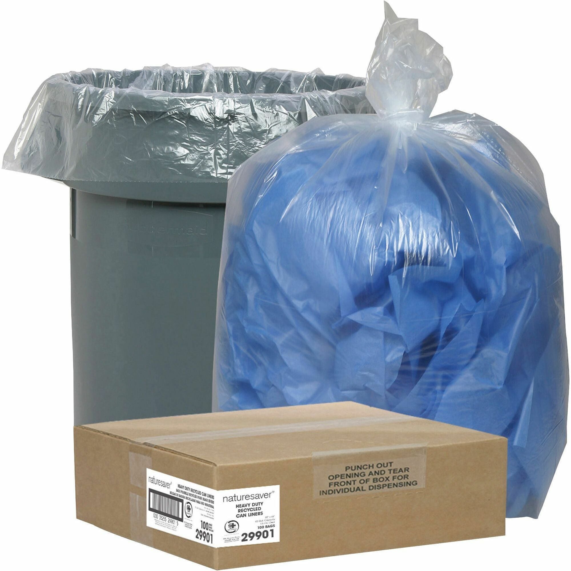 Nature Saver Recycled Trash Can Liners - Large Size - 45 gal Capacity - 46" Length x 40" Width x 1.50 mil (38 Micron) Thickness - Low Density - Clear - Pilferage Control - Recycled - 100 / Carton