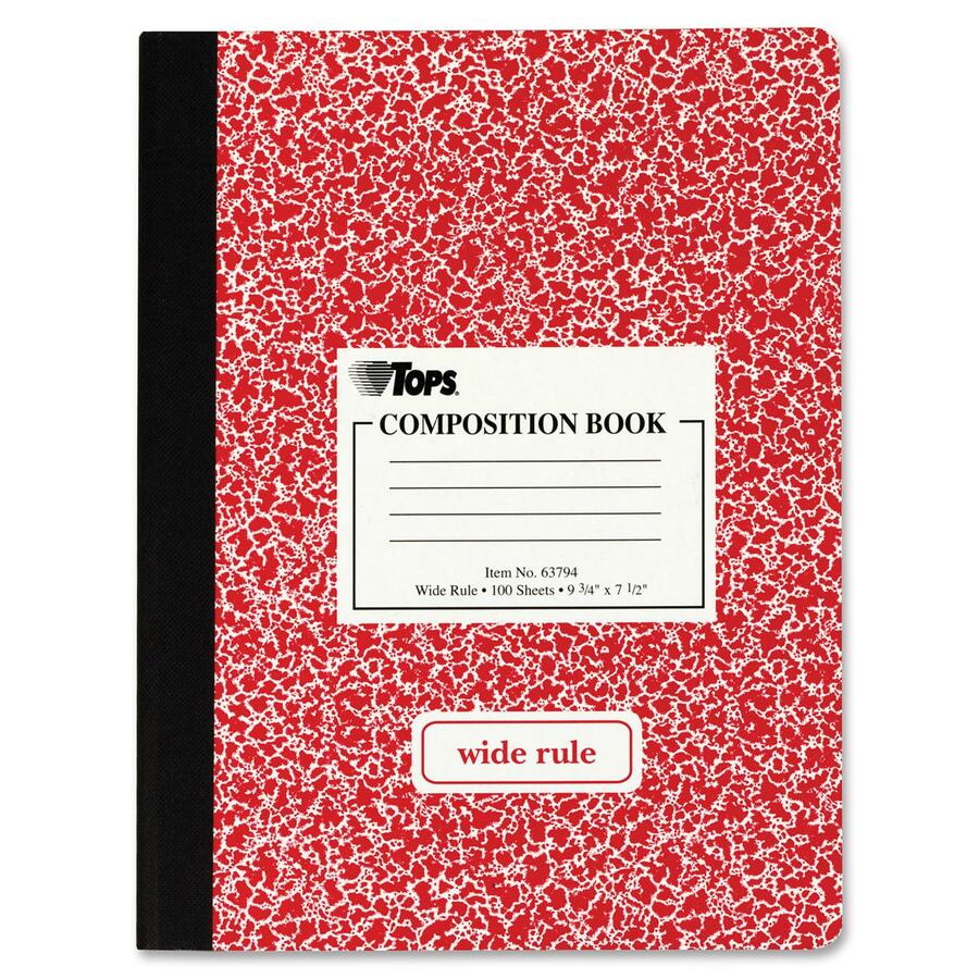 TOPS Wide Ruled Composition Books - 100 Sheets - 200 Pages - Sewn - Wide Ruled Front Ruling - Ruled Red Margin - 7 1/2" x 9 3/4" Sheet Size - White Paper - Assorted Marble Hardboard Cover - 1 Each