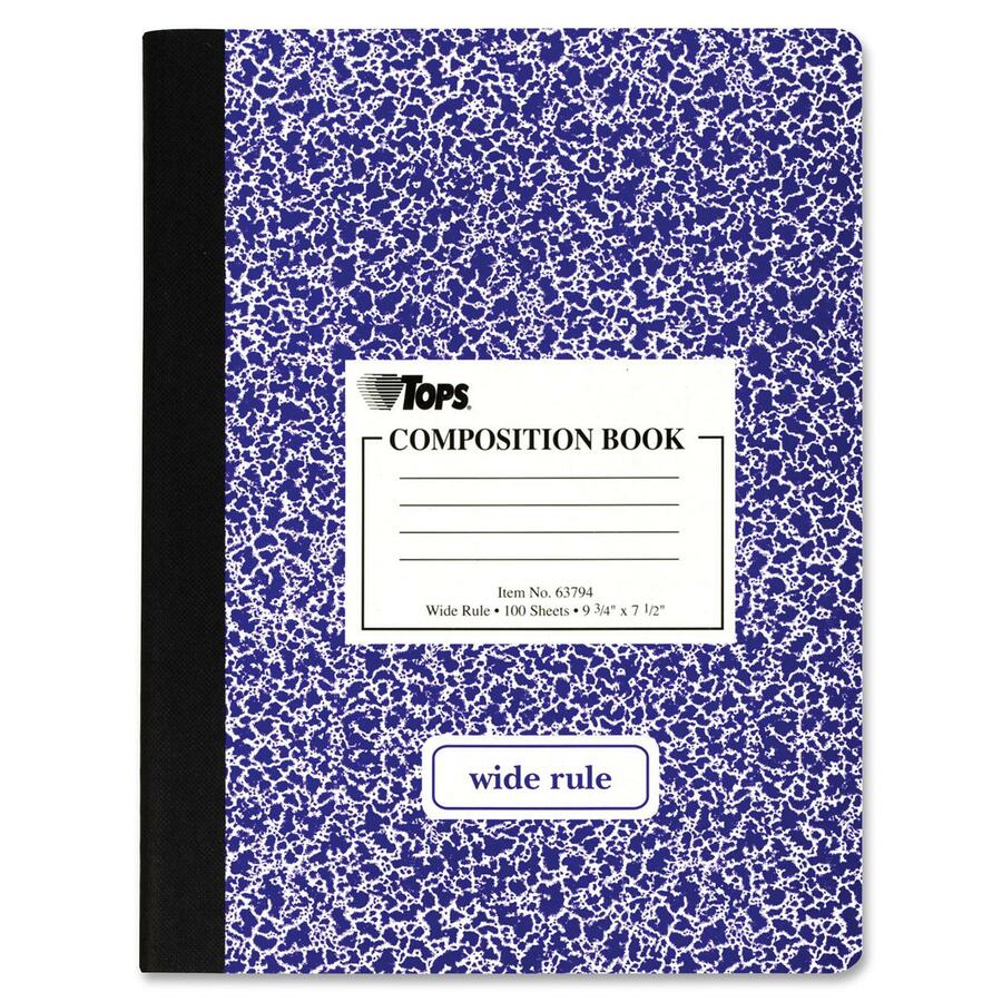 TOPS Wide Ruled Composition Books - 100 Sheets - 200 Pages - Sewn - Wide Ruled Front Ruling - Ruled Red Margin - 7 1/2" x 9 3/4" Sheet Size - White Paper - Assorted Marble Hardboard Cover - 1 Each