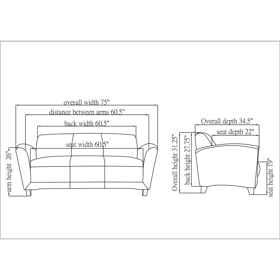 Lorell Accession Reception Sofa - 75" x 34.5" x 31.3" Overall Dimension - Leather Black Seat - Leather Black Back - 1 Each