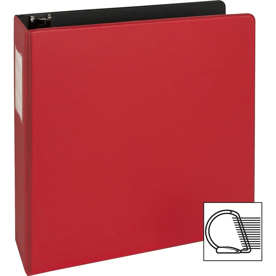 Business Source Slanted D-Ring Binder, 2" Capacity, 3 Rings, 2 Internal Pockets, Red, PVC-Free, Non-Stick, Heavy Duty, Gap-Free Ring, Spine Label, 1 Each