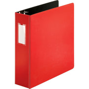 Business Source Slanted D-Ring Binder, 3" Capacity, 3 Rings, 2 Internal Pockets, Red, PVC-Free, Non-Stick, Heavy Duty, Gap-Free Ring, Spine Label, 1 Each