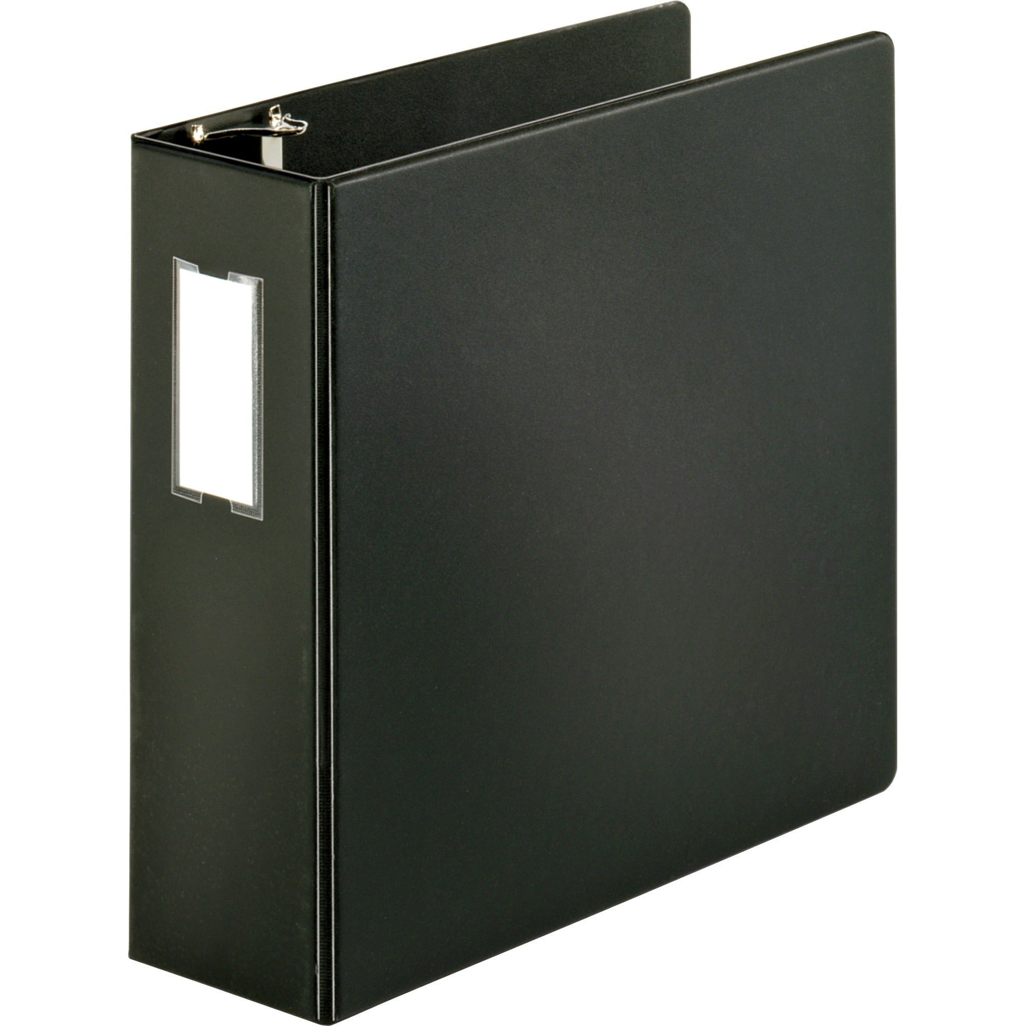 Business Source Slanted D-Ring Binder, 4" Capacity, 3 Rings, 2 Internal Pockets, Black, PVC-Free, Non-Stick, Heavy Duty, Gap-Free Ring, Spine Label, 1 Each