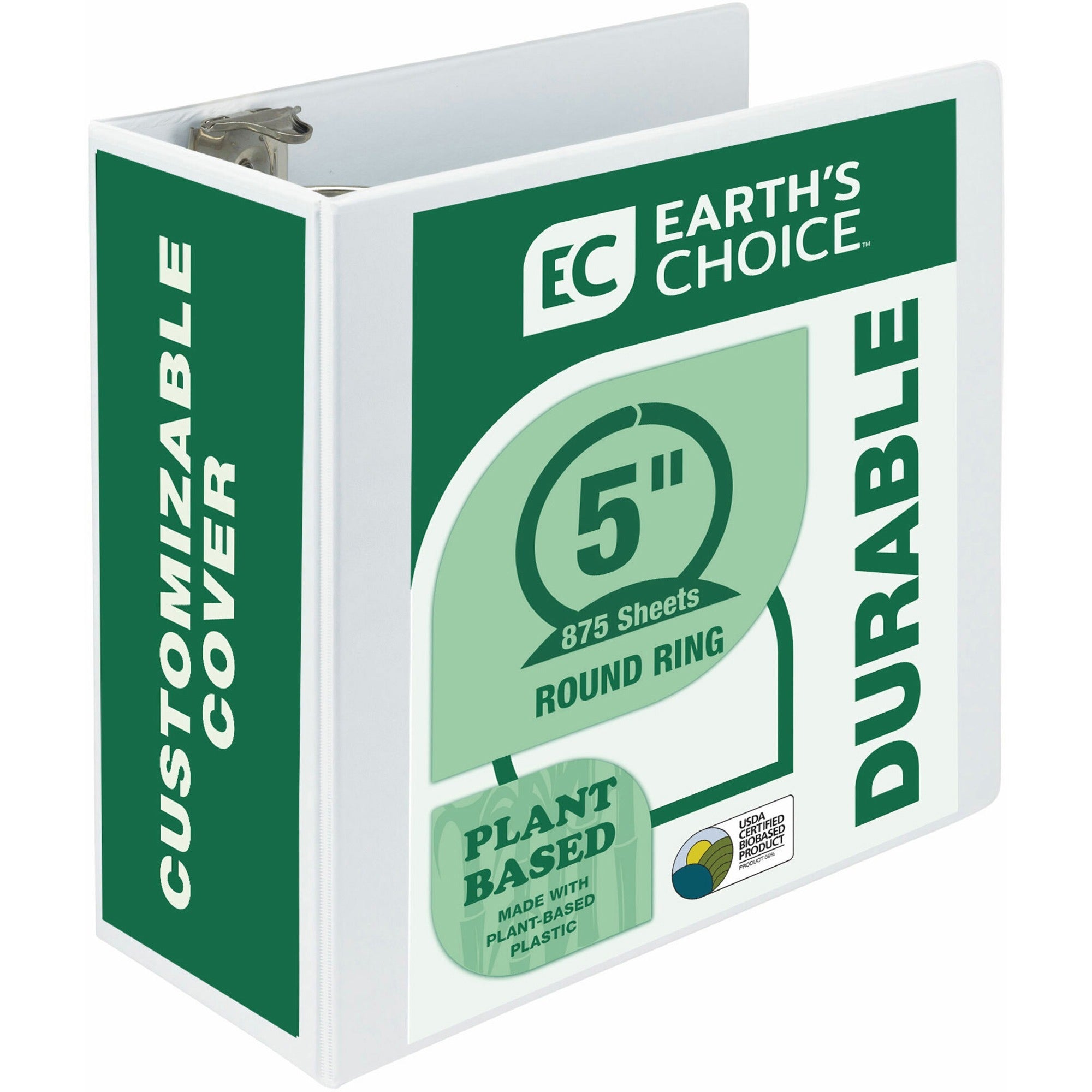 Samsill Earth's Choice Plant-based Durable View Binder, 5" Capacity, 3 Round Rings, Letter Size, 875 Sheet Capacity, 2 Internal Pockets, White, 1 Each