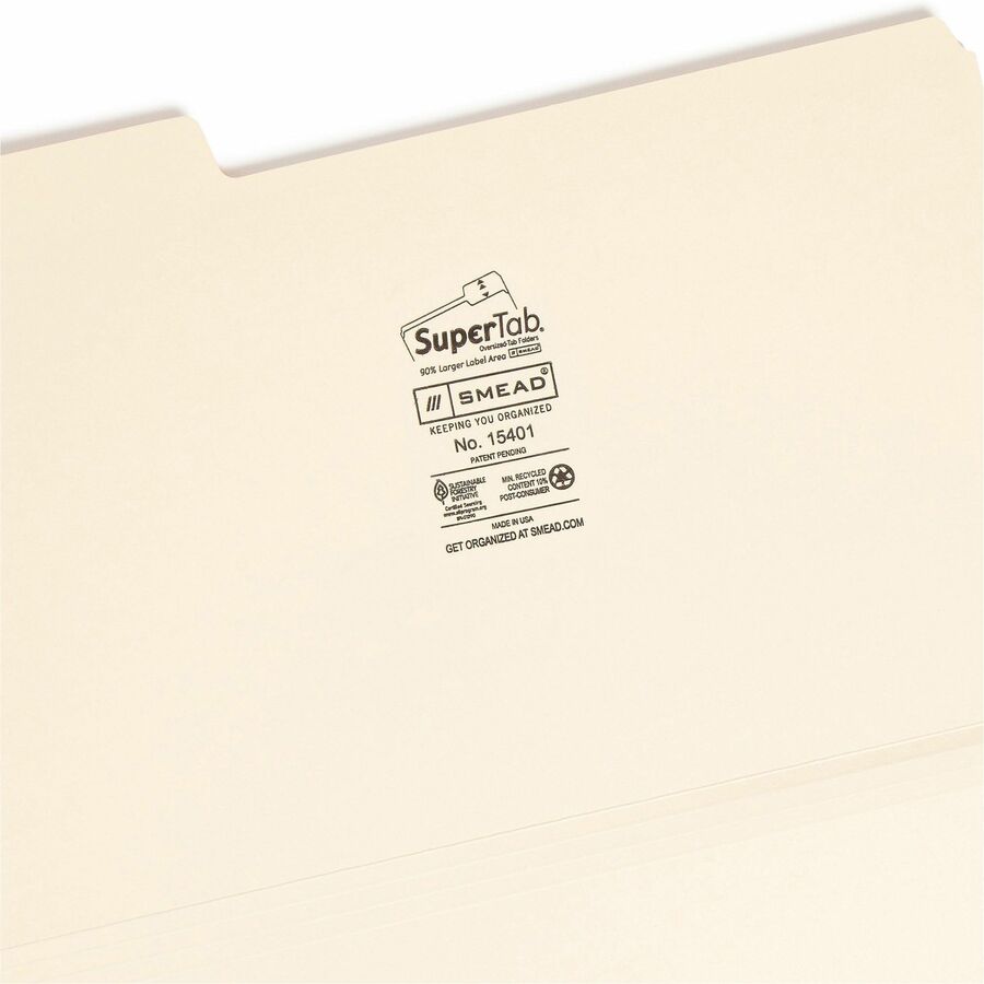Smead SuperTab 1/3 Tab Cut Legal Recycled Top Tab File Folder - 8 1/2" x 14" - 3/4" Expansion - Top Tab Location - Assorted Tab Position - 14 pt. - 1 Plys - Manila - Durable, Heavyweight - 10% Recycled - 50 / Box