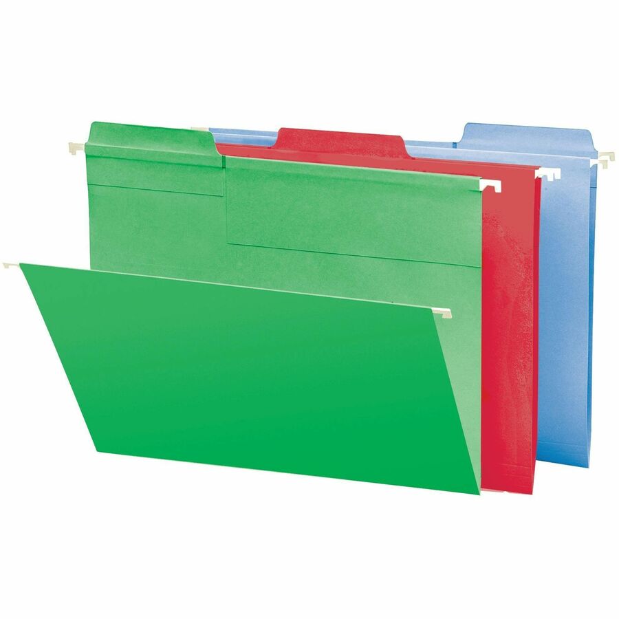 Smead FasTab 1/3 Tab Cut Legal Recycled Hanging Folder - 8 1/2" x 14" - Top Tab Location - Assorted Tab Position - 11 pt. - 2 Plys - Red, Green, Blue - Reinforced Tab, Heavy Duty, Embossed - 10% Recycled - 18 / Box