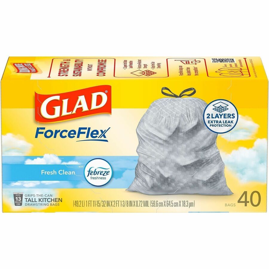 Glad ForceFlex Tall Kitchen Drawstring Trash Bags - Fresh Clean with Febreze Freshness - 13 gal Capacity - 27.38" Length x 24" Width x 1.05 mil (27 Micron) Thickness - Drawstring Closure - White - Kitchen - 1 Box