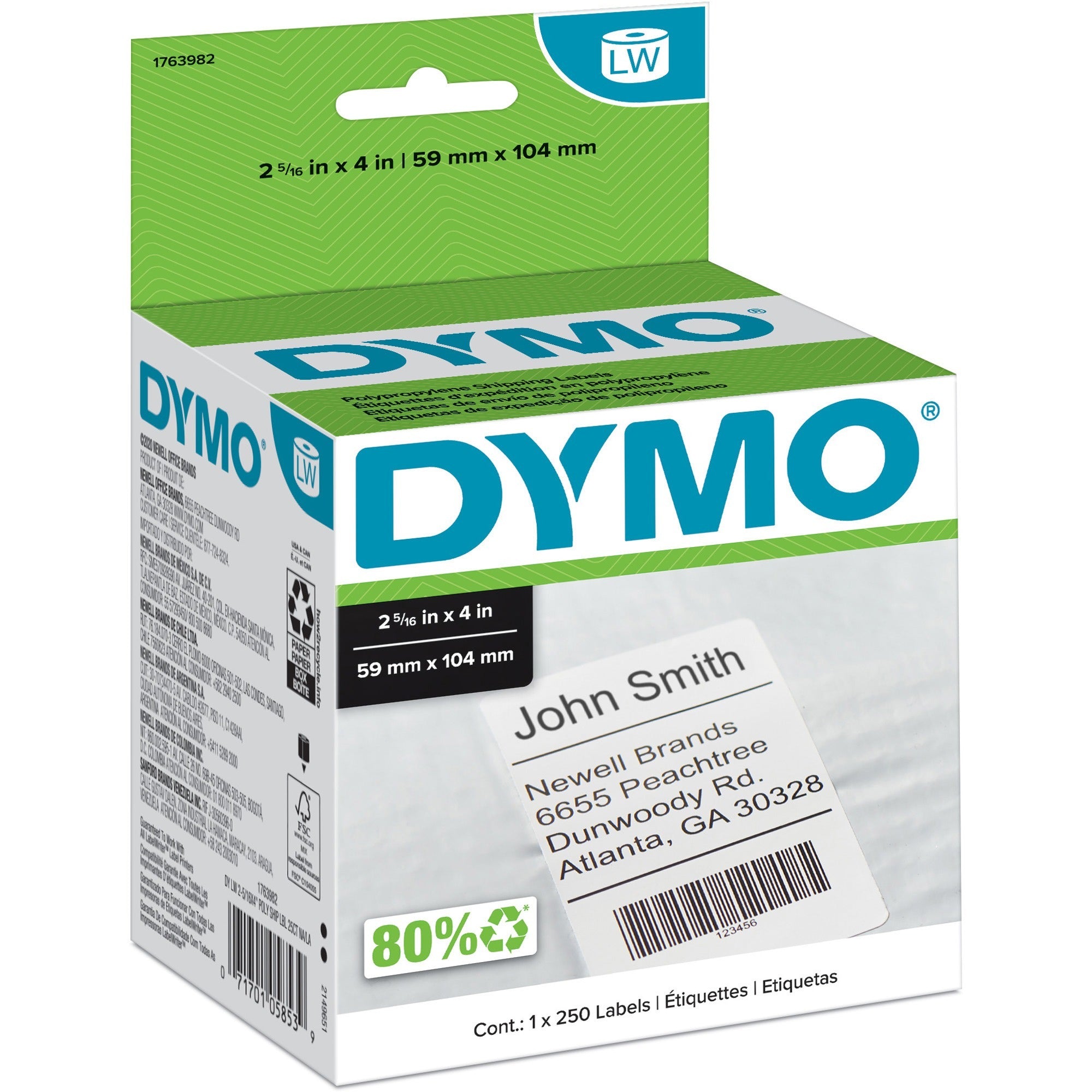 2 5/16" Width x 4" Length - Rectangle - White - Polypropylene - Tearing Resistant, Oil Resistant, Solvent Resistant, Weather Resistant, Heat Resistant, Alcohol Resistant, Blood Resistant, Fat Resistant - 250 / Roll - 1 Roll