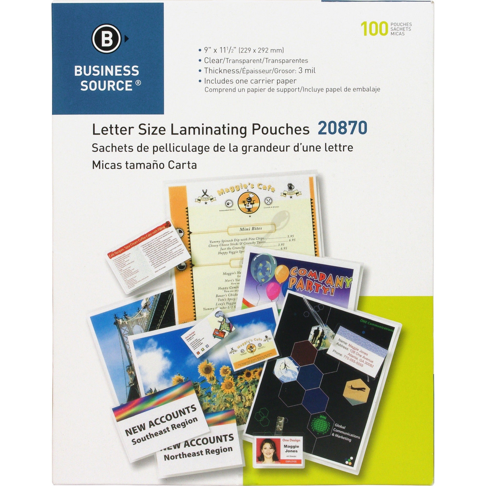 Business Source Letter Size Laminating Pouches - Laminating Pouch/Sheet Size: 9" Width x 11.50" Length x 3 mil Thickness - for Document, ID Badge, Menu, Photo - Clear - 1 Box
