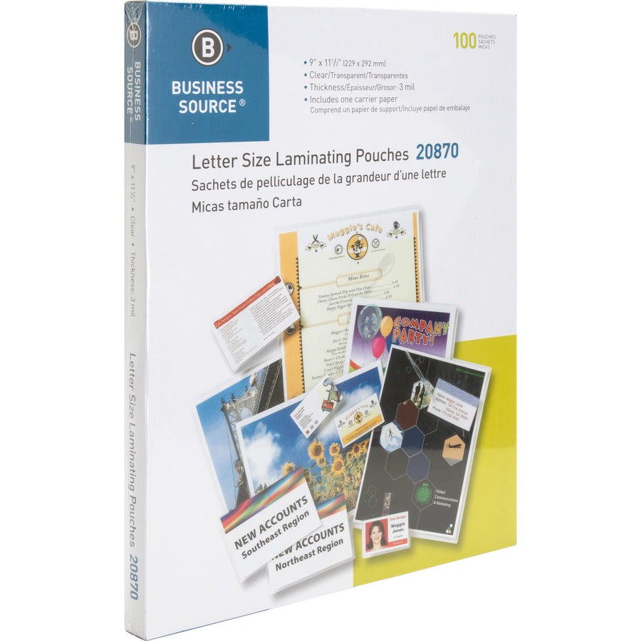 Business Source Letter Size Laminating Pouches - Laminating Pouch/Sheet Size: 9" Width x 11.50" Length x 3 mil Thickness - for Document, ID Badge, Menu, Photo - Clear - 1 Box