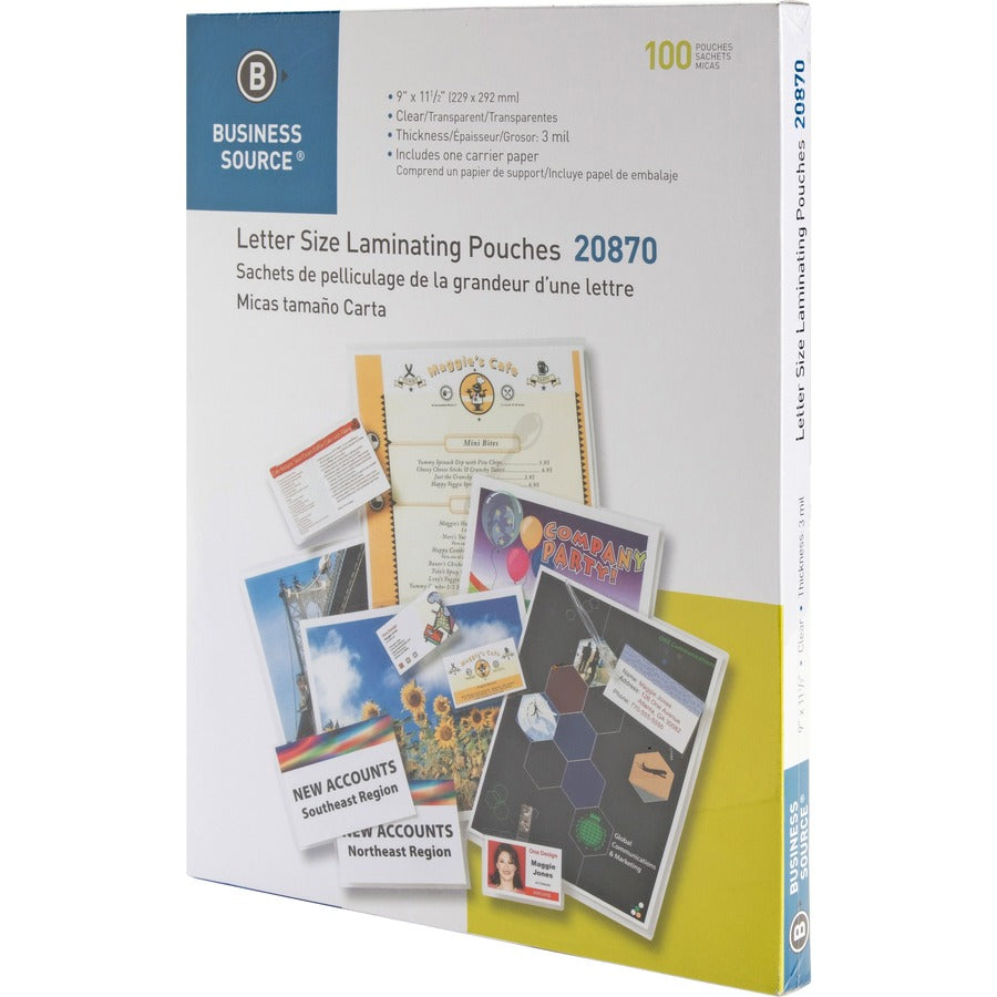 Business Source Letter Size Laminating Pouches - Laminating Pouch/Sheet Size: 9" Width x 11.50" Length x 3 mil Thickness - for Document, ID Badge, Menu, Photo - Clear - 1 Box