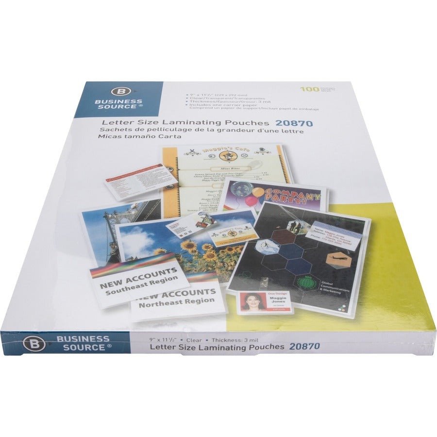 Business Source Letter Size Laminating Pouches - Laminating Pouch/Sheet Size: 9" Width x 11.50" Length x 3 mil Thickness - for Document, ID Badge, Menu, Photo - Clear - 1 Box