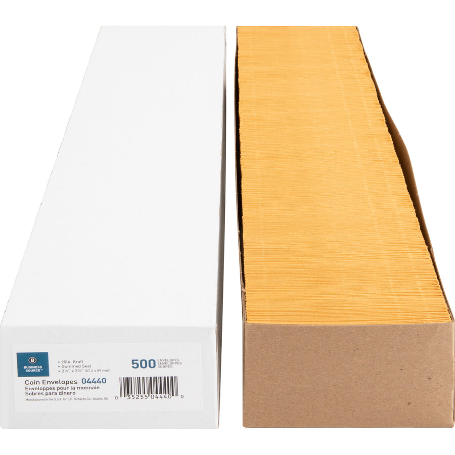 Business Source Small Coin Kraft Envelopes - Coin - #1 - 2 1/4" Width x 3 1/2" Length - 20 lb - Gummed - Brown Kraft - Kraft - 500 / Box