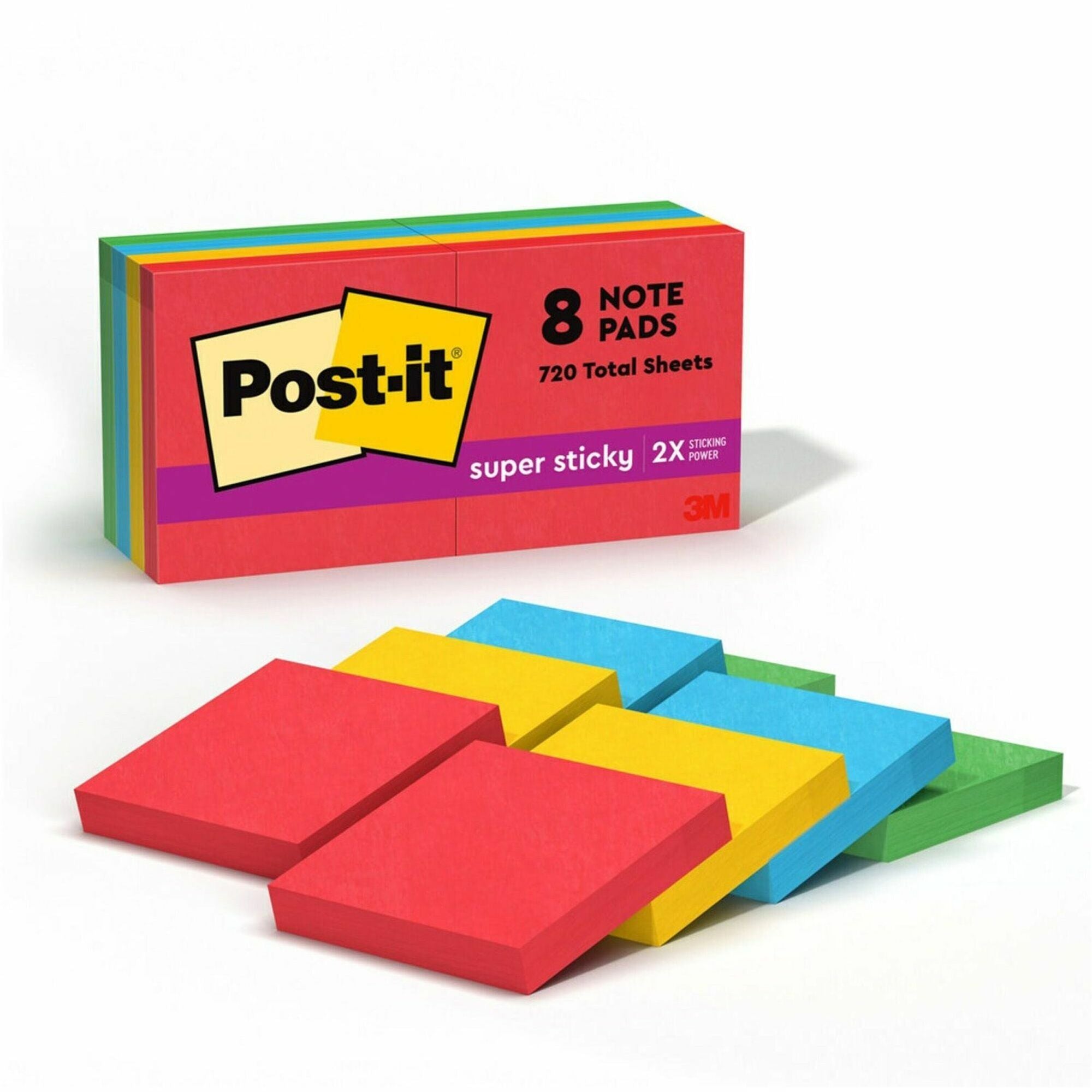 Post-it Super Sticky Notes, Playful Primaries Color Collection, 1 7/8" x 1 7/8", Square, 90 Sheets per Pad, 8 Pads/Pack, 720 Notes Total, Candy Apple Red, Sunnyside, Lucky Green, Blue Paradise