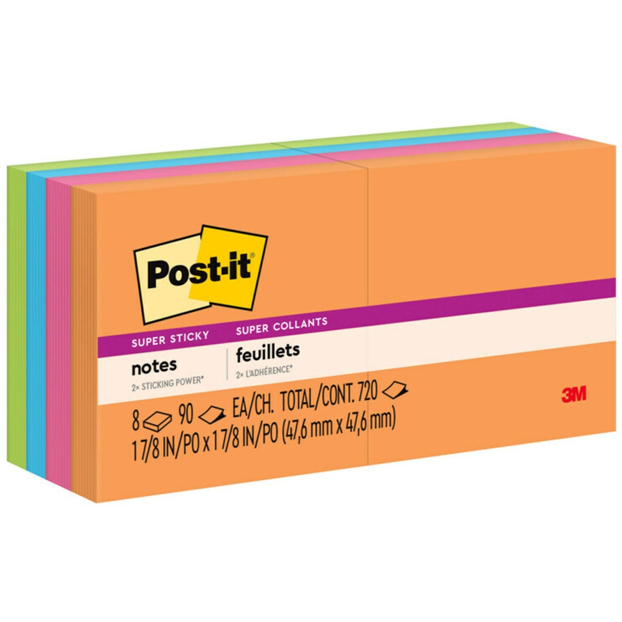 Post-it&reg; Super Sticky Notes - Energy Boost Color Collection - 720 - 2" Flag/Note Width x 2" Flag/Note Length - Square - 90 Sheets per Pad - Unruled - Vital Orange, Tropical Pink, Limeade, Blue Paradise - Paper - Self-adhesive - 1 Pack