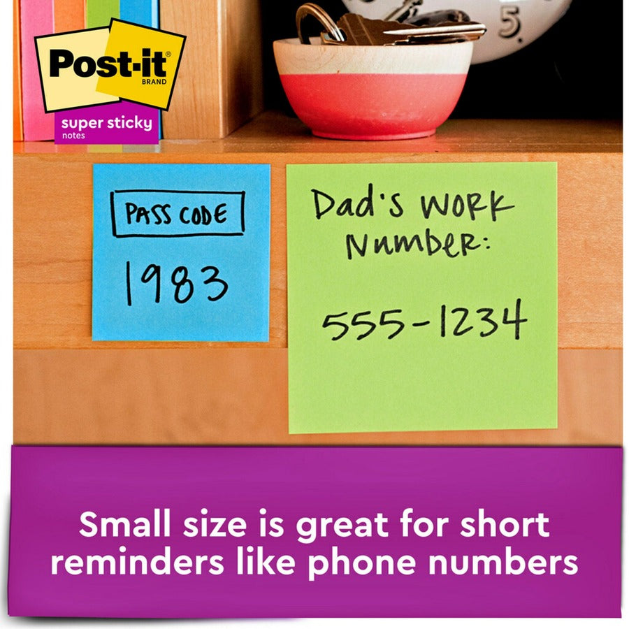 Post-it&reg; Super Sticky Notes - Energy Boost Color Collection - 720 - 2" Flag/Note Width x 2" Flag/Note Length - Square - 90 Sheets per Pad - Unruled - Vital Orange, Tropical Pink, Limeade, Blue Paradise - Paper - Self-adhesive - 1 Pack