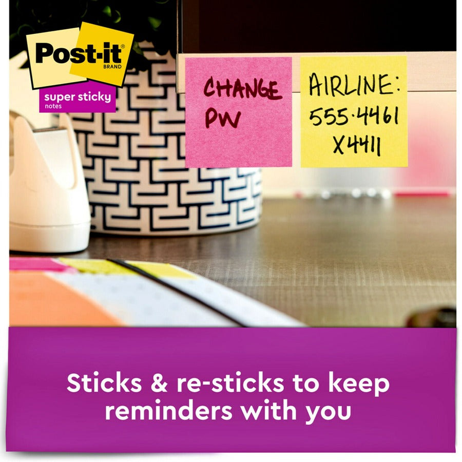 Post-it&reg; Super Sticky Notes - Energy Boost Color Collection - 720 - 2" Flag/Note Width x 2" Flag/Note Length - Square - 90 Sheets per Pad - Unruled - Vital Orange, Tropical Pink, Limeade, Blue Paradise - Paper - Self-adhesive - 1 Pack