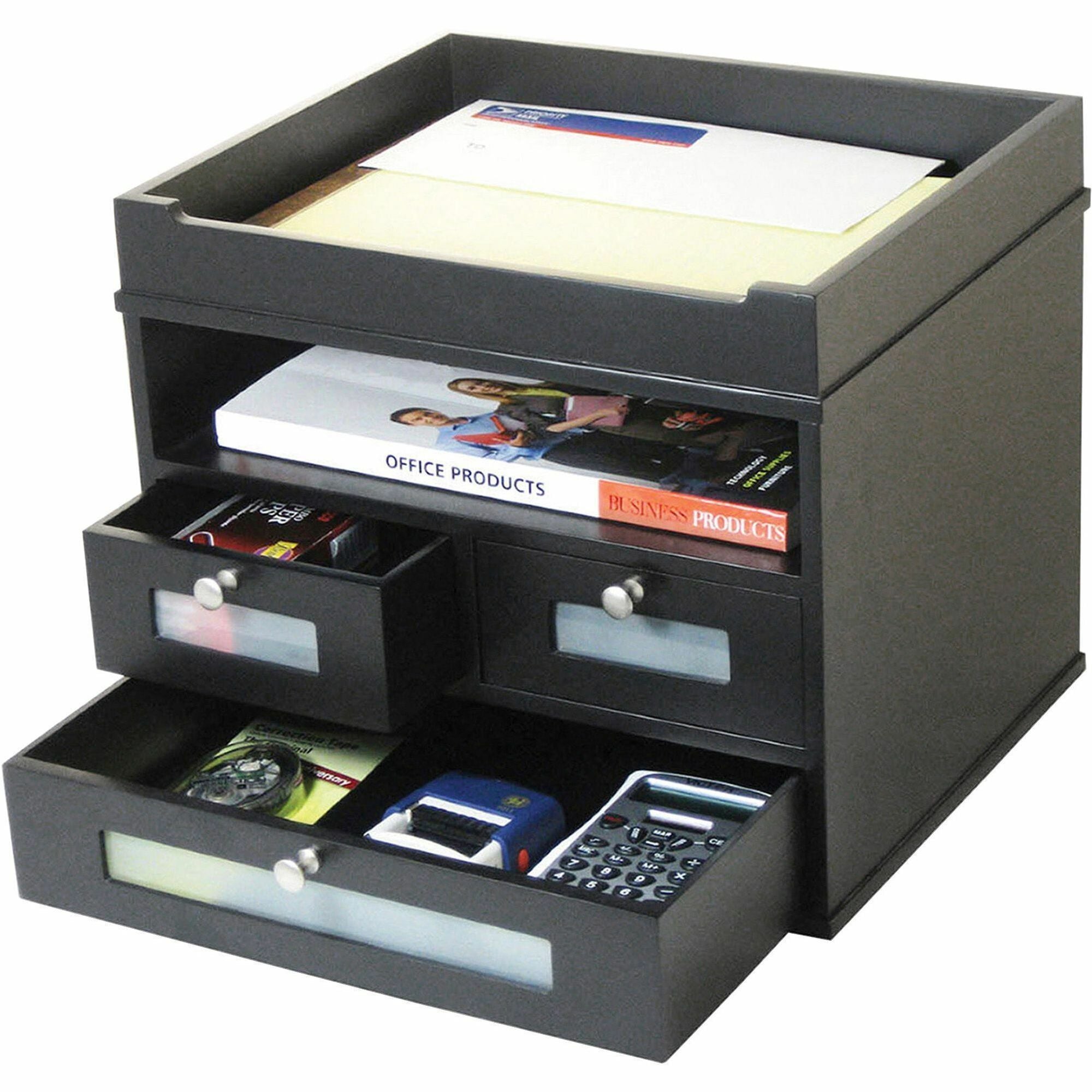 10.90" Height x 12.80" Width x 10.60" Depth - Desktop - Durable, Molding Base, Sturdy - Matte Black - Black - Wood, Faux Leather - 1 Each