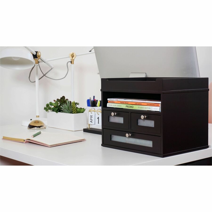 10.90" Height x 12.80" Width x 10.60" Depth - Desktop - Durable, Molding Base, Sturdy - Matte Black - Black - Wood, Faux Leather - 1 Each