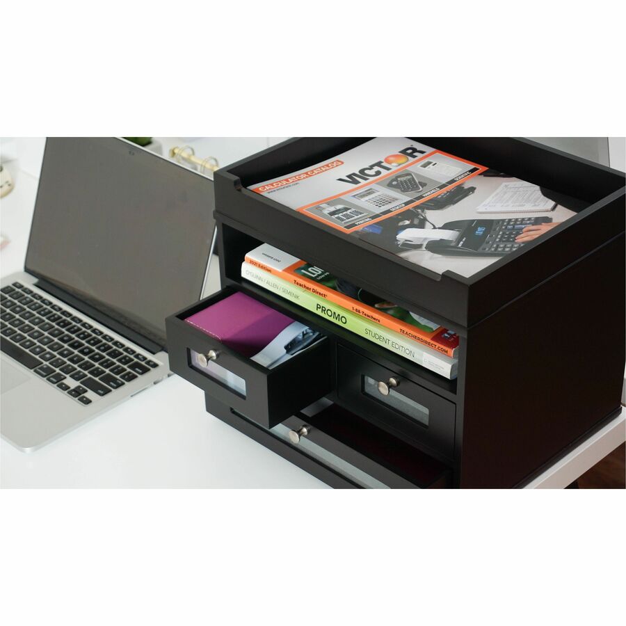 10.90" Height x 12.80" Width x 10.60" Depth - Desktop - Durable, Molding Base, Sturdy - Matte Black - Black - Wood, Faux Leather - 1 Each