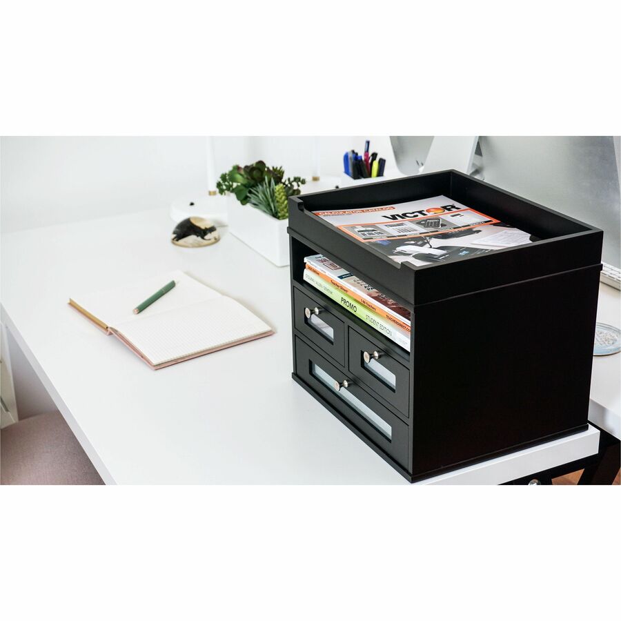 10.90" Height x 12.80" Width x 10.60" Depth - Desktop - Durable, Molding Base, Sturdy - Matte Black - Black - Wood, Faux Leather - 1 Each