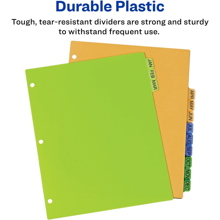 12 x Divider(s) - Jan-Dec - 12 Tab(s)/Set - 8.5" Divider Width x 11" Divider Length - 3 Hole Punched - Multicolor Plastic Divider - Multicolor Plastic Tab(s) - 12 / Set