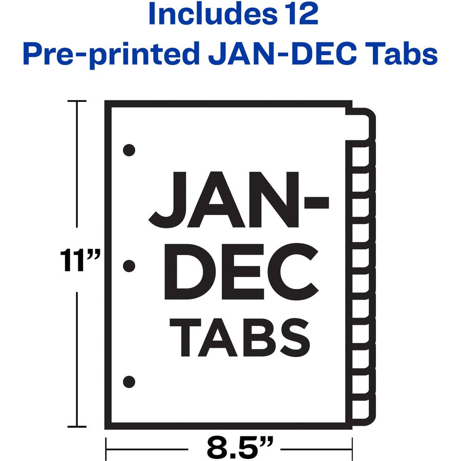12 x Divider(s) - Jan-Dec - 12 Tab(s)/Set - 8.5" Divider Width x 11" Divider Length - 3 Hole Punched - Multicolor Plastic Divider - Multicolor Plastic Tab(s) - 12 / Set