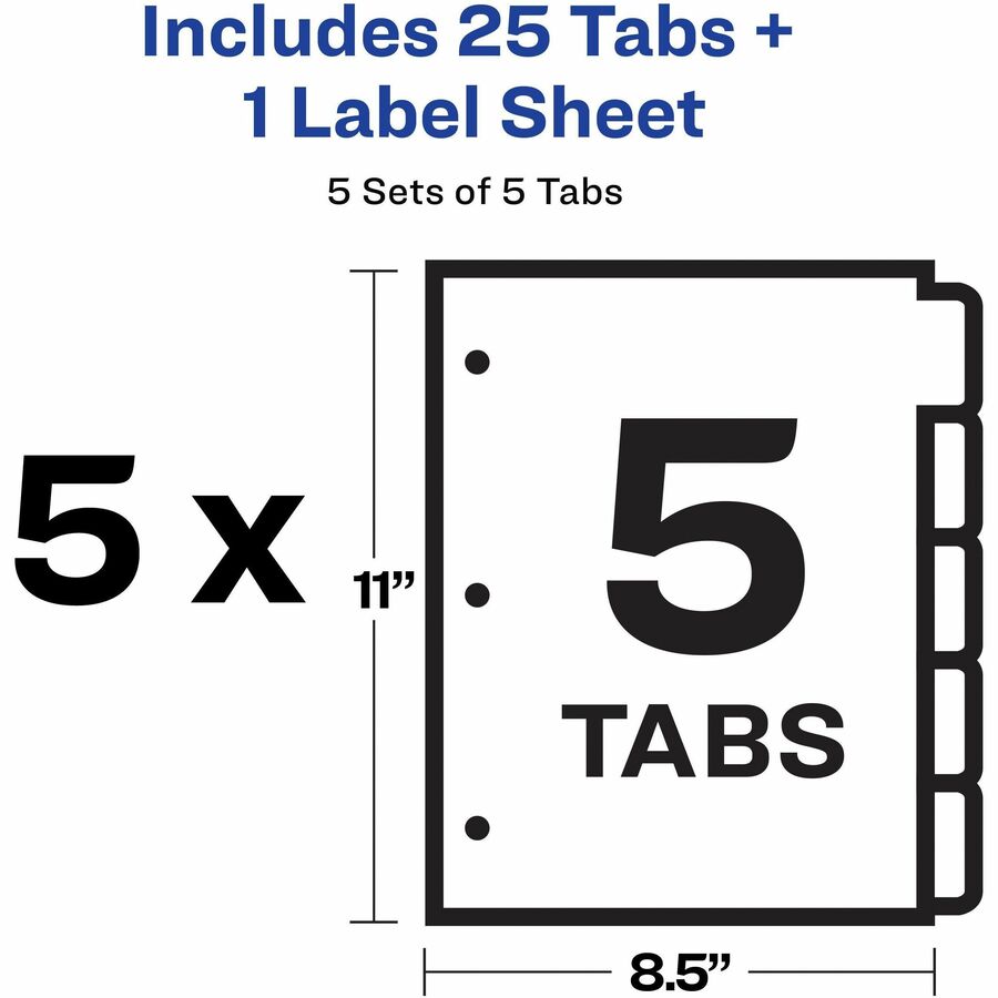 Avery Big Tab Clear Label Index Maker Dividers, 25 Dividers, 5 Tabs per Set, Letter Size, White, 3-Hole Punched, Double-Sided, Reinforced Edges, Tear Resistant, Printable, 1 Pack