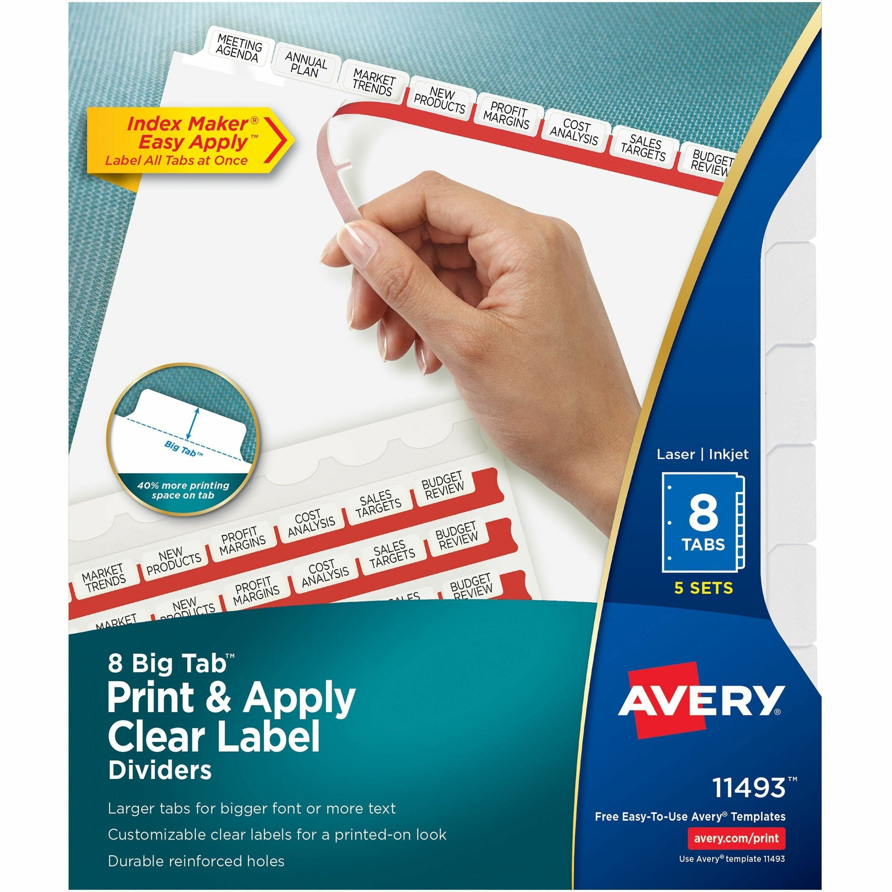 Avery Big Tab Clear Label Index Maker Dividers, 40 Dividers, 8 Tabs per Set, Letter Size, White, 3-Hole Punched, Double-Sided, Reinforced Edges, Printable, 1 Pack