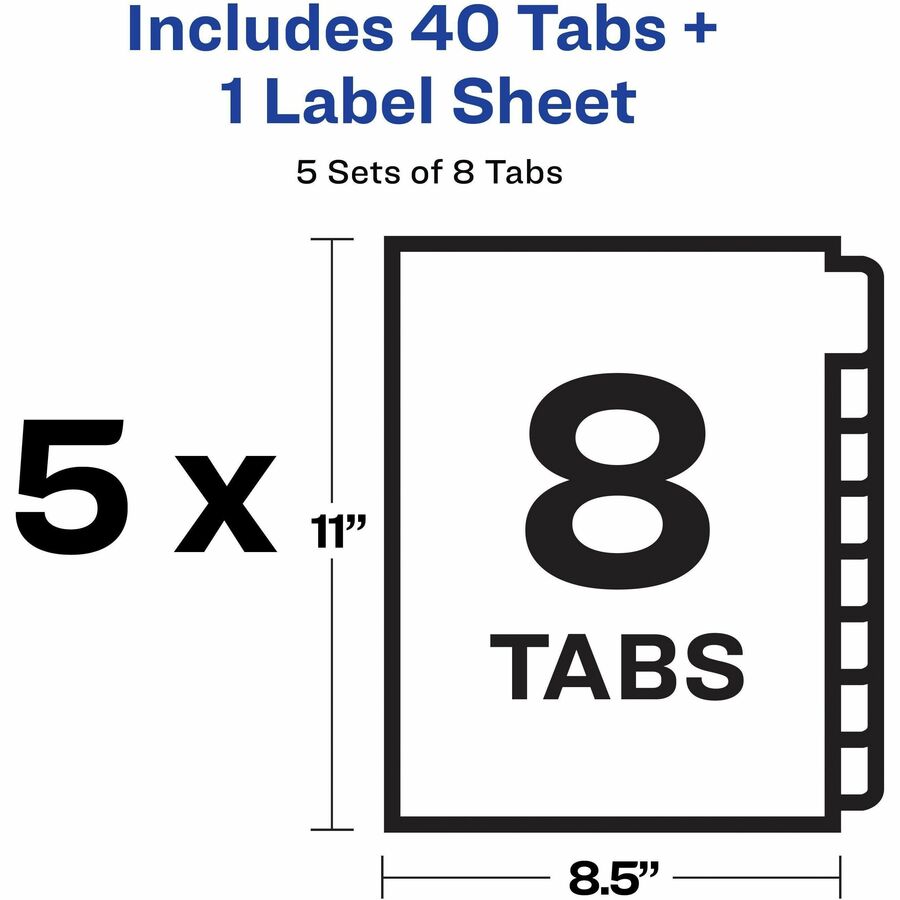Avery Big Tab Clear Label Index Maker Dividers, 40 Dividers, 8 Tabs per Set, Letter Size, White, 3-Hole Punched, Double-Sided, Reinforced Edges, Printable, 1 Pack