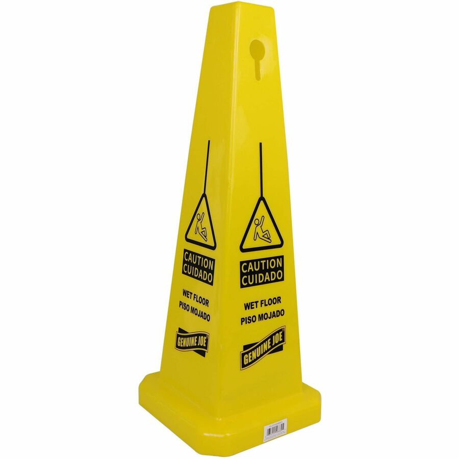 Genuine Joe Bright 4-sided Caution Safety Cone - English, Spanish - 10" Width x 24" Height x 10" Depth - Cone Shape - Stackable - Industrial - Polypropylene - Yellow - 1 Each