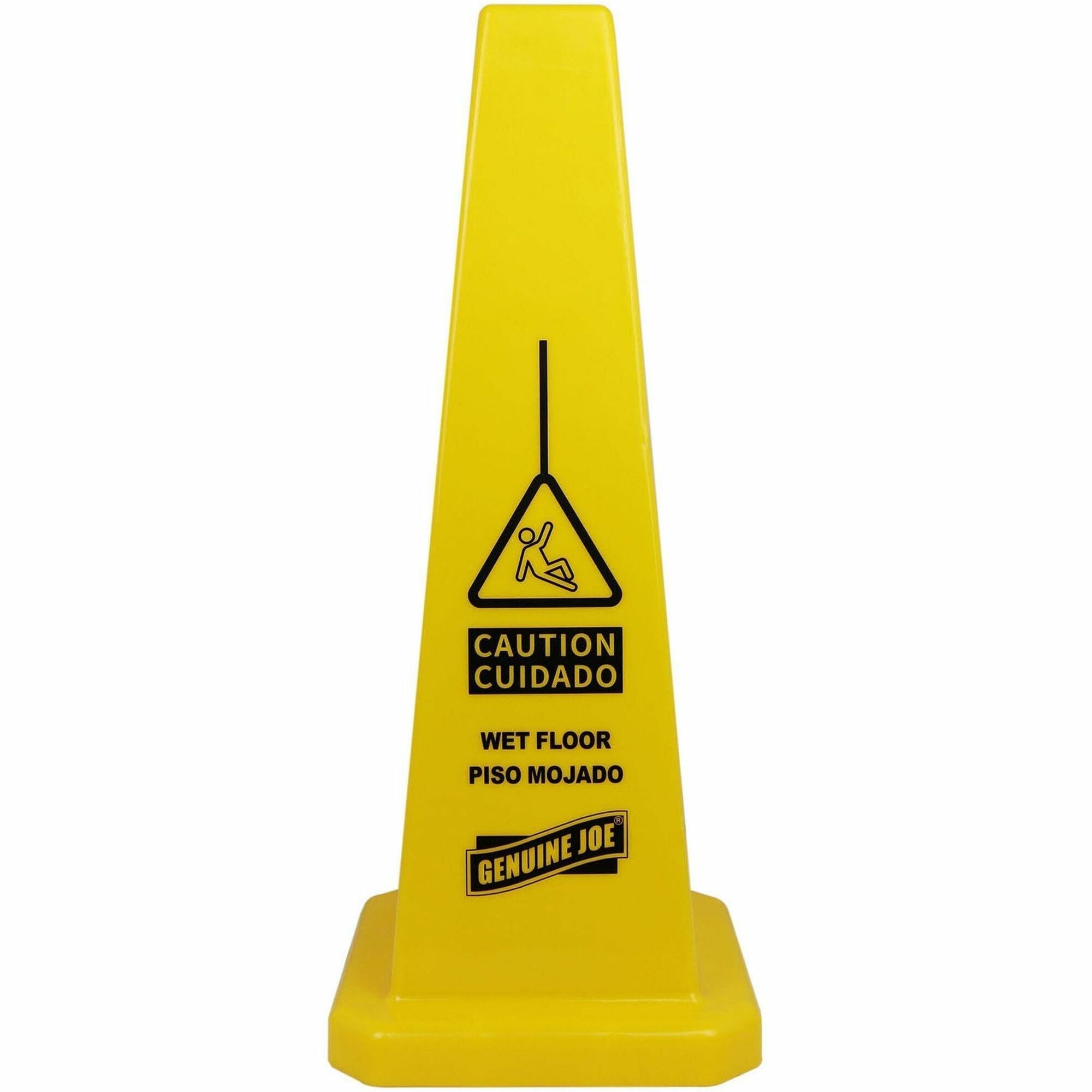 Genuine Joe Bright 4-sided Caution Safety Cone - English, Spanish - 10" Width x 24" Height x 10" Depth - Cone Shape - Stackable - Industrial - Polypropylene - Yellow - 1 Each