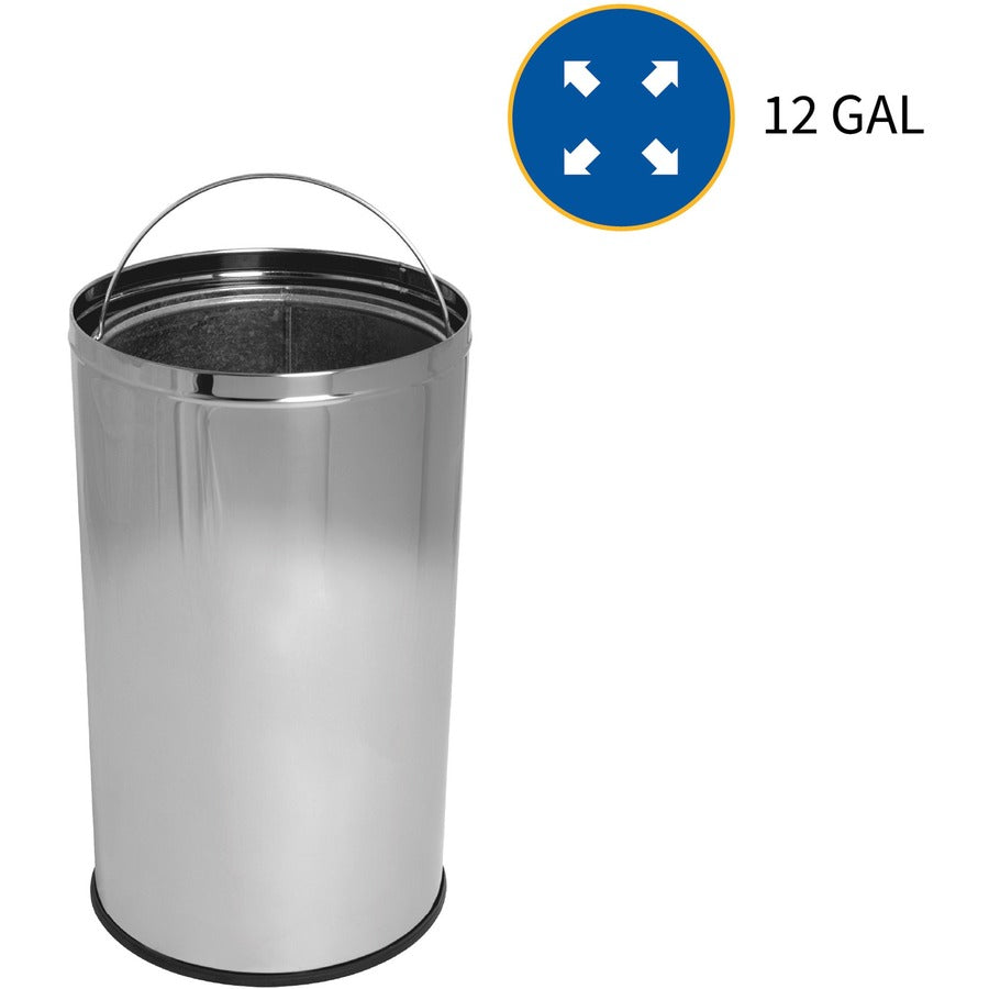 Genuine Joe Push Open Round Top Receptacle - 12 gal Capacity - Round - Durable - 29.2" Height x 14.8" Diameter - Stainless Steel - 1 Each