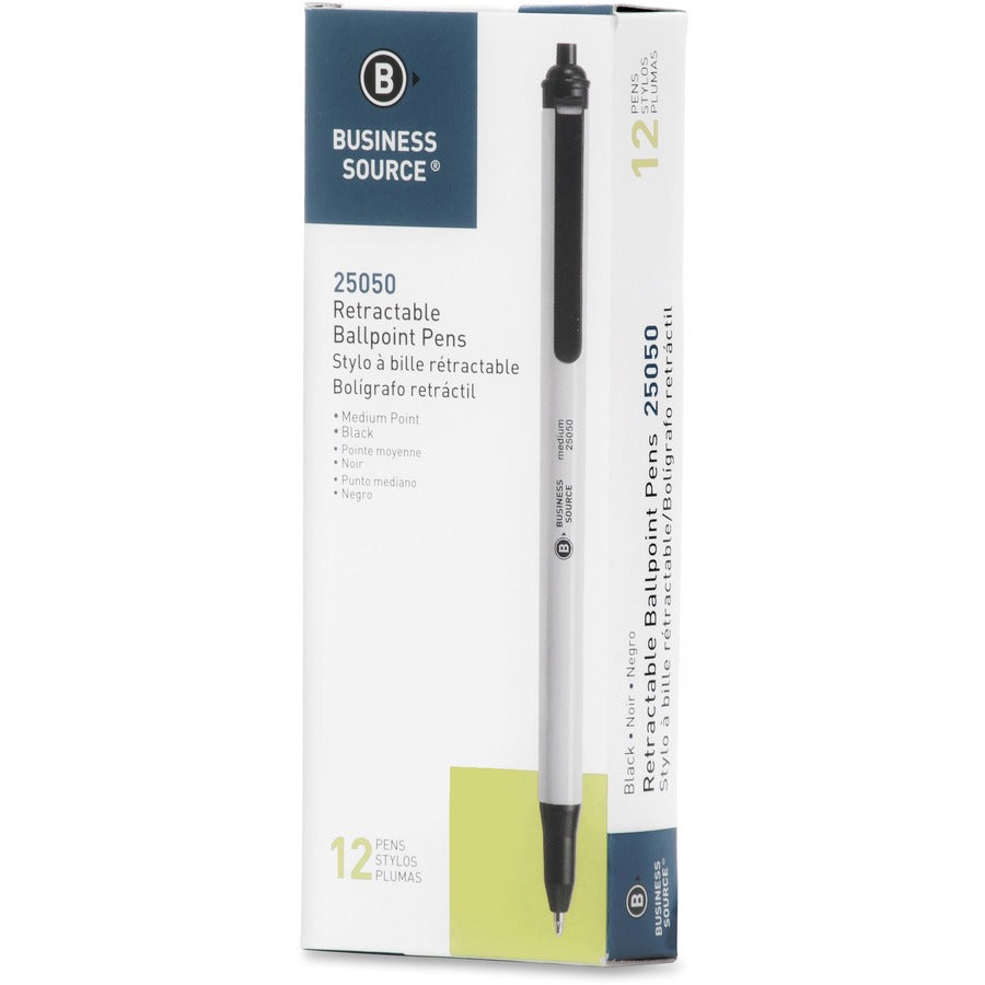 Business Source Retractable Ballpoint Pens - Medium Pen Point - Retractable - Black Ink - Gray Barrel - 1 Dozen