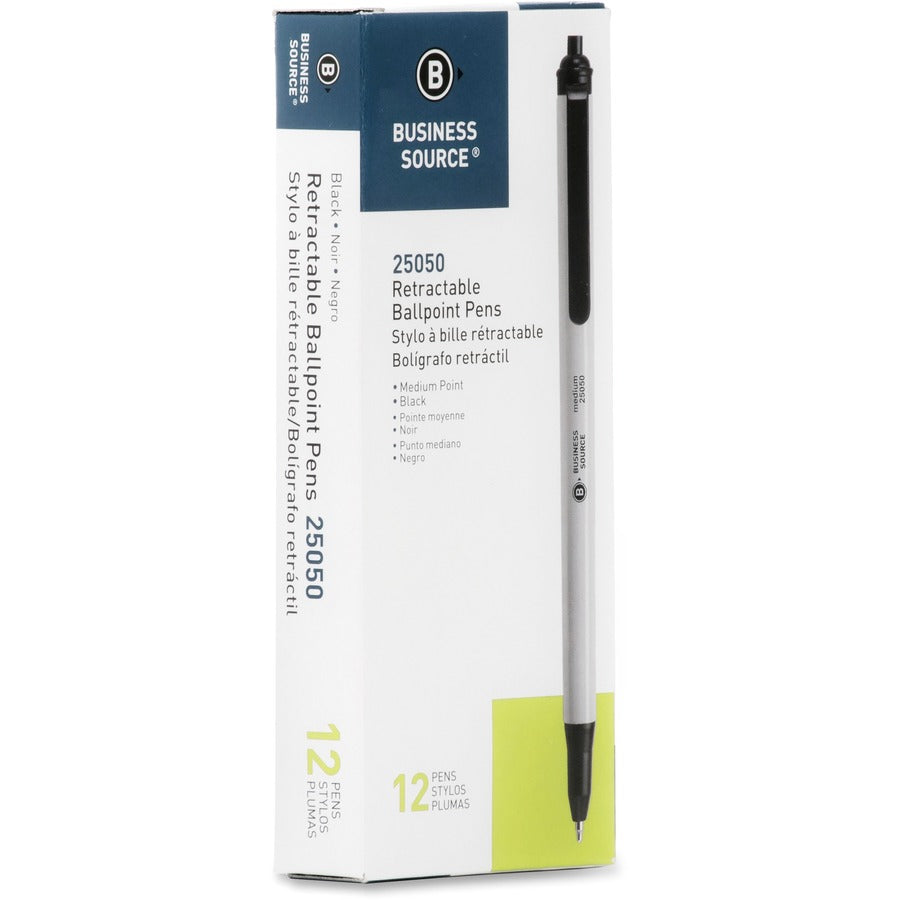 Business Source Retractable Ballpoint Pens - Medium Pen Point - Retractable - Black Ink - Gray Barrel - 1 Dozen