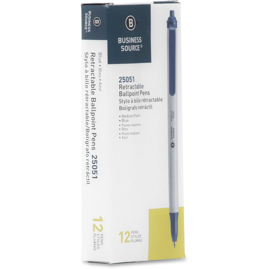 Business Source Retractable Ballpoint Pens - Medium Pen Point - Retractable - Blue Ink - Gray Barrel - 1 Dozen