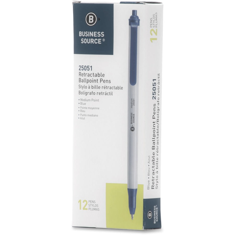 Business Source Retractable Ballpoint Pens - Medium Pen Point - Retractable - Blue Ink - Gray Barrel - 1 Dozen