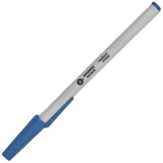 Business Source Medium Point Ballpoint Stick Pens - Medium Pen Point - Blue Ink - Light Gray Barrel - Stainless Steel Tip - 1 Dozen