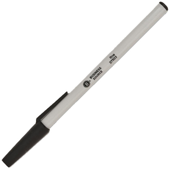 Business Source Fine Point Ballpoint Stick Pens - Fine Pen Point - Black Ink - Light Gray Barrel - Stainless Steel Tip - 1 Dozen
