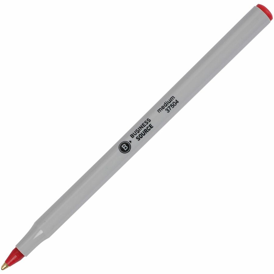 Business Source Medium Point Ballpoint Stick Pens - Medium Pen Point - Red Ink - Light Gray Barrel - Stainless Steel Tip - 1 Dozen