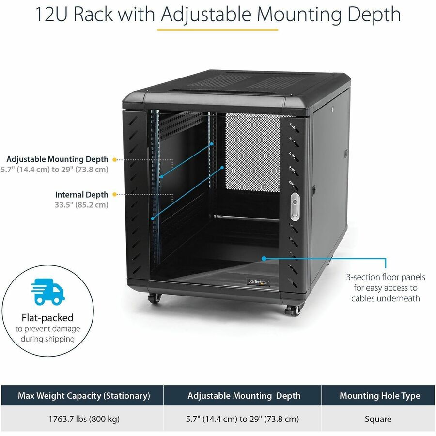 StarTech.com 12U 36in Knock-Down Server Rack Cabinet with Casters