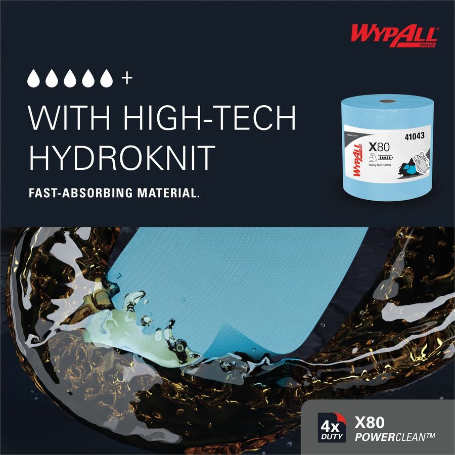 Wypall PowerClean X80 Heavy Duty Cloths Jumbo Roll - 12.50" Width x 12.20" Length - 475 Sheets/Roll - Blue - Cloth - 1 Each