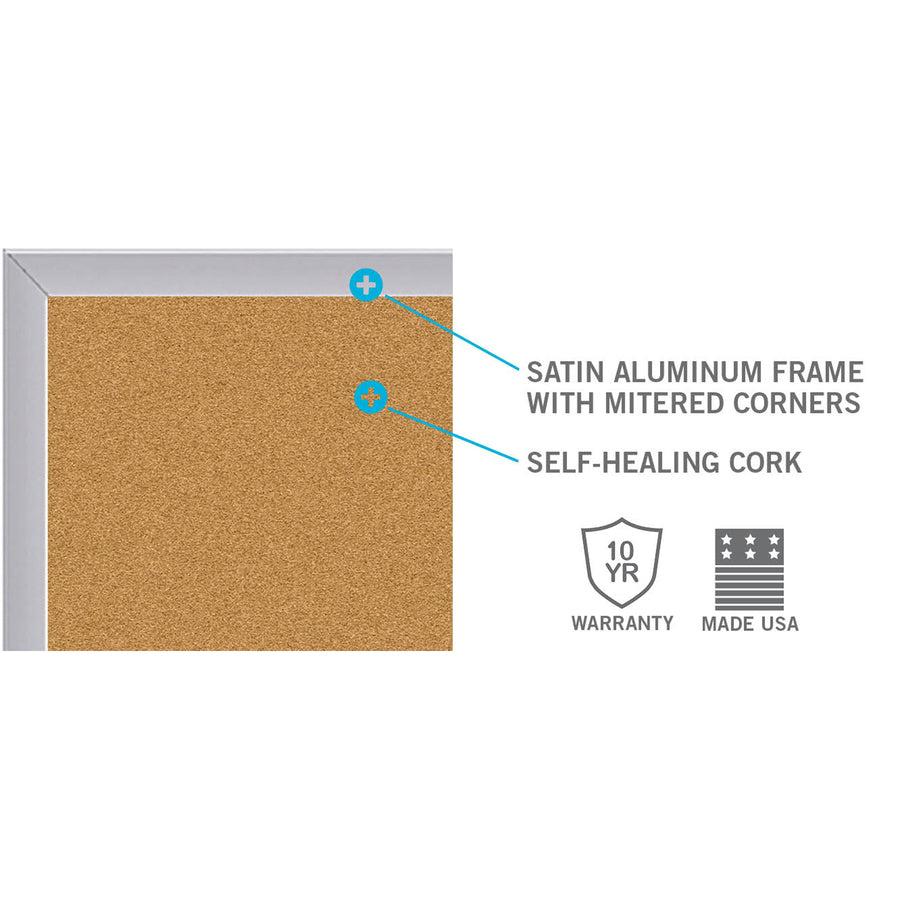 Ghent Natural Cork Bulletin Board with Aluminum Frame - 48" Board Height x 12 ft Board Width - Natural Cork, Fiberboard Surface - Self-healing, Laminated, Long Lasting, Rigid - Satin Aluminum Frame - 1 Each - TAA Compliant